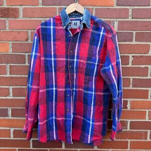 Vtg American Eagle Button Down Red Blue Plaid Shirt Denim Collar 1990s Y2K- S